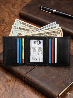 Men Trifold Wallet, Lambskin Leather Wallet Black